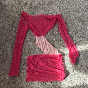 Whitefox Red and Pink Long Sleeve Lace Cutout Dress